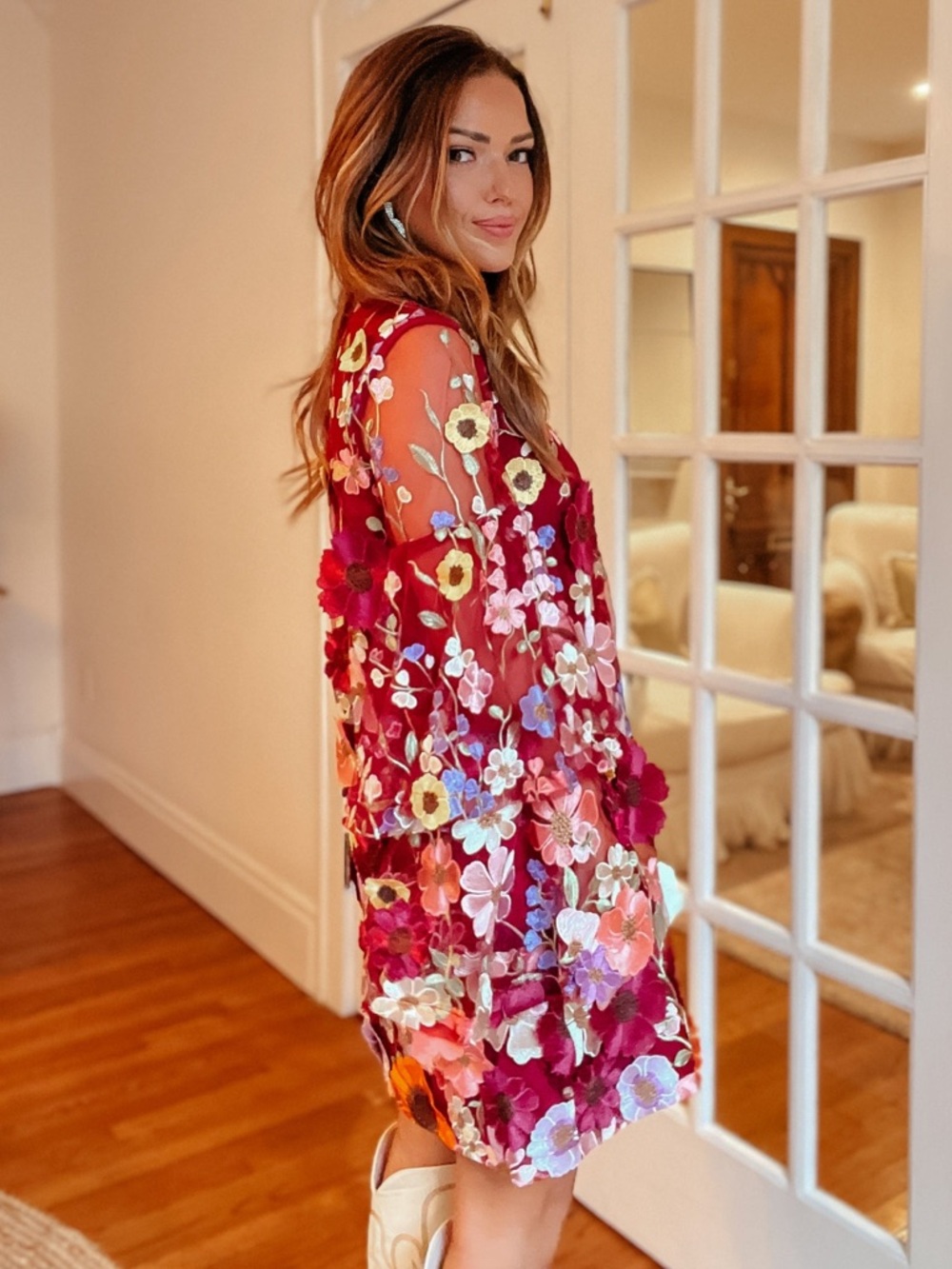 Buddy Love Gayle Wide Sleeve Mini Dress Applique Embroidered Flowers Solstice S - Picture 5 of 10